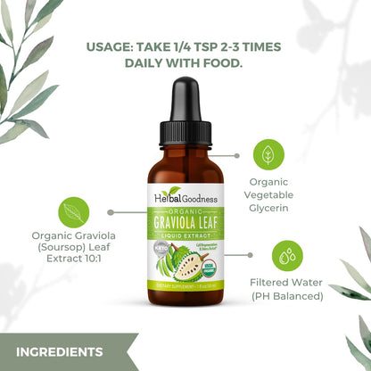 Herbal Goodness Graviola Soursop Leaf Extract Liquid | Organic Guanabana Leaves for Cell Support & Regeneration, Immune Boost, Soursop Bitters USDA Organic Kosher - 1oz