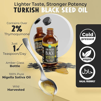 Black Seed Oil - 3 Times Thymoquinone, Cold-Pressed, 100% Turkish Black Cumin Seed Oil, Liquid Pure Blackseed Oil, Glass Bottle, 8 oz