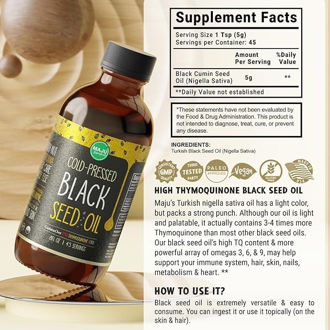 Black Seed Oil - 3 Times Thymoquinone, Cold-Pressed, 100% Turkish Black Cumin Seed Oil, Liquid Pure Blackseed Oil, Glass Bottle, 8 oz